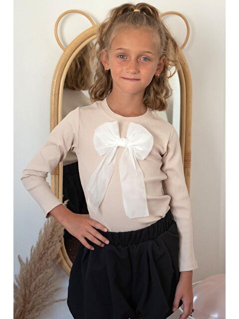 Breeze Kız Çocuk Uzun Kollu Tişört Fiyonk Aksesuarlı Bej (8-12 Yaş) - S000490179-19928