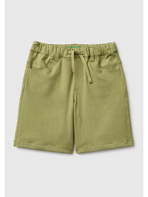 United Colors Of Benetton Erkek Çocuk Haki Beli Büzgülü İpli Cepli Logo İşlemeli Bermuda Şort
