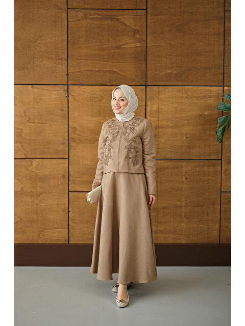 Locco Moda Kadın Nakışlı Nubuk Detay Takım Vizon - S000492531-26429