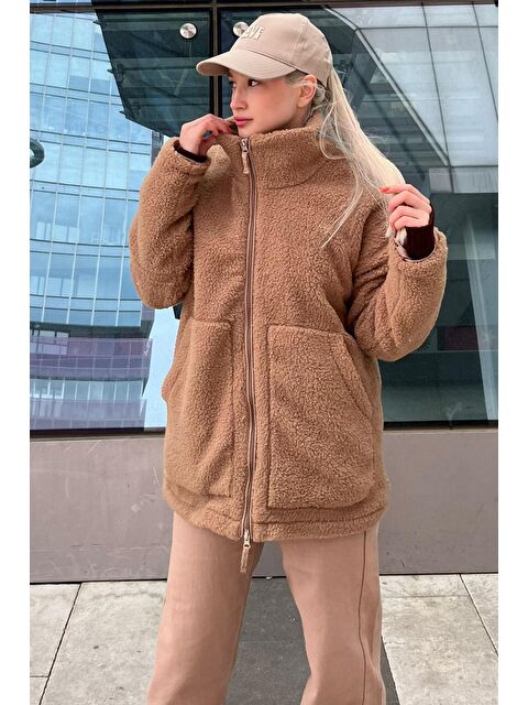 Madmext Bej Oversize Fermuarlı Polar Kadın Mont Mg2607 - S000508343-19928