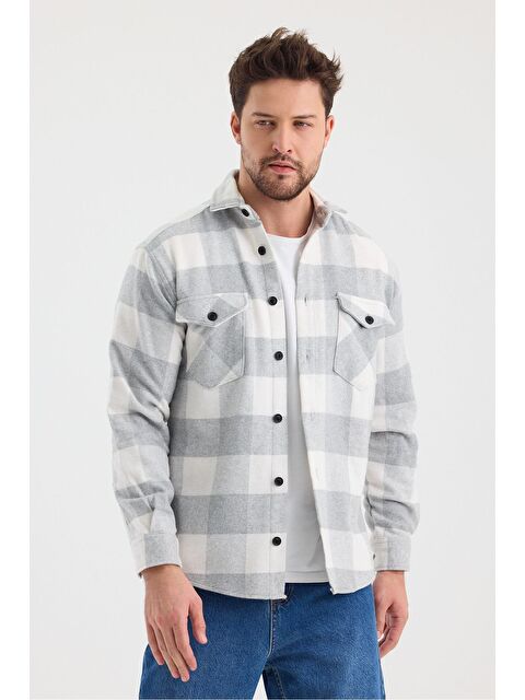 Tarz Cool Erkek Slim Fit Gömlek Yaka Düğmeli Çift Cep Kapaklı Oduncu Ekose Gömlek - S000336135-37276