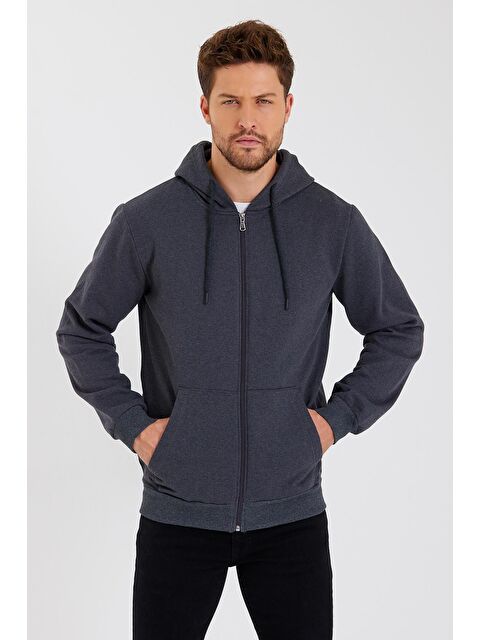 Mmetalic Kanguru Cepli Kapüşonlu  İçi Pamuklu Erkek Fermuarlı Sweatshirt - S000234401-29666
