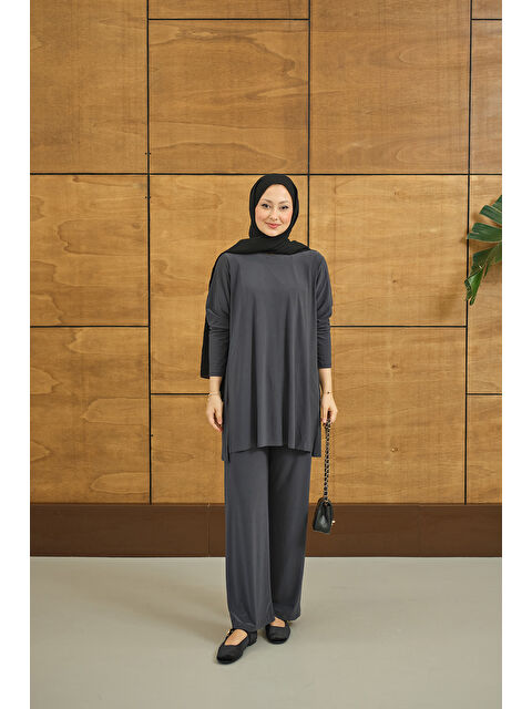 Locco Moda Kadın Yanları Yırtmaç Detay İkili Takım Gri - S000527070-20600