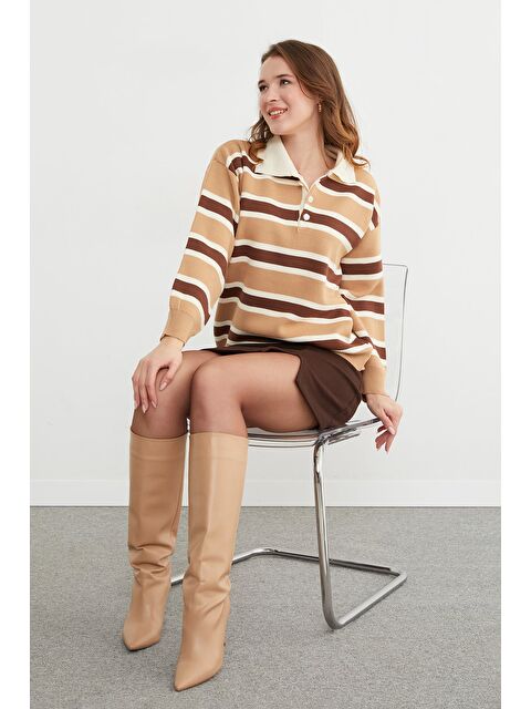 Fullamoda Şeritli Yarım Düğmeli Polo Yaka Triko Kazak - S000485943-19413