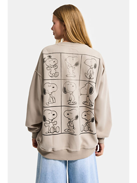 It's Basic Kadın Ekru Bej w5 Oversize Baskılı %100 Pamuk Organik Kumaş Sweatshirt