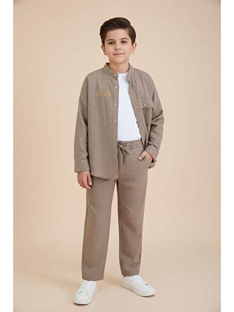 Cansın Mini Kahverengi Keten Gömlekli Pantolonlu Erkek Çocuk 3lü Alt Üst Takım 23574 - S000518889-19413