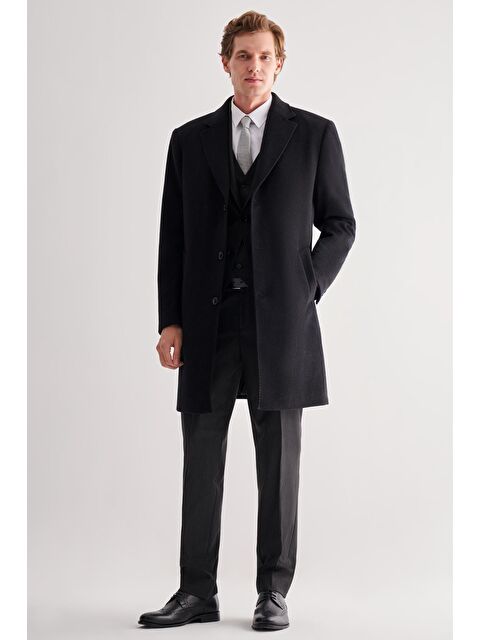 İMZA Siyah Mono Yaka Palto Tam Astar Classic Comfort Fit Yünlü Kaşe Palto 1005255151 - S000447903-19351