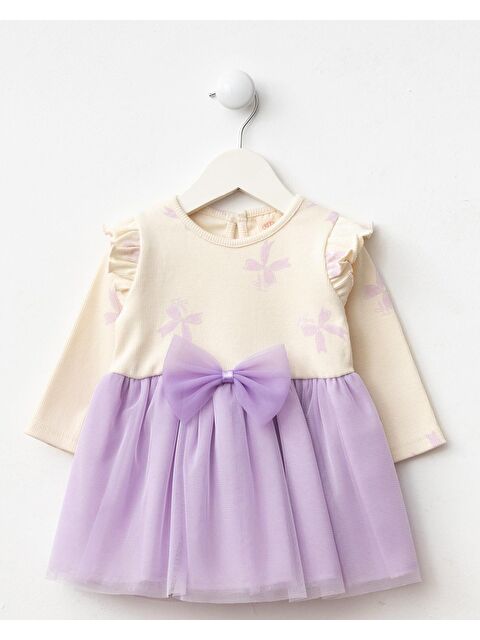 Magu Kız Bebek Pamuklu Lila Tüllü Fiyonklu Elbise - Uzun Kollu Ribana - S000446319-17878