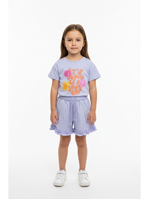 Toontoykids Kız Çocuk 2'li  Şortlu Takım Bisiklet Yaka Kısa Kollu Baskılı Tişört - Beli Lastikli Bağlamalı Cepl