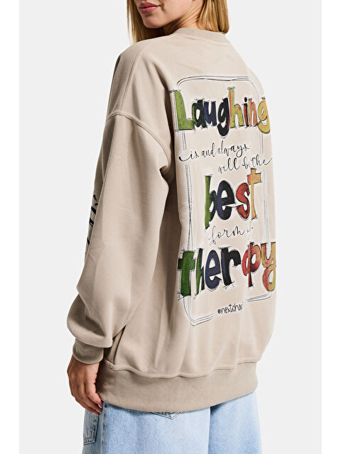 It's Basic Kadın Ekru Bej w5 Oversize Baskılı %100 Pamuk Organik Kumaş Sweatshirt