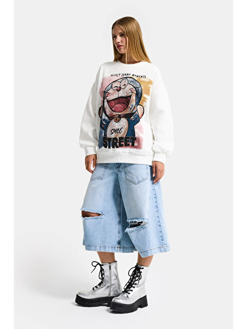 It's Basic Kadın Beyaz w5 Oversize Baskılı %100 Pamuk Organik Kumaş Sweatshirt