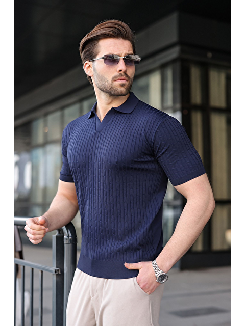Madmext Lacivert Slim Fit Polo Yaka Triko Erkek Tişört E7472
