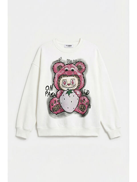 It's Basic Kadın Beyaz w5 Oversize Baskılı %100 Pamuk Organik Kumaş Sweatshirt