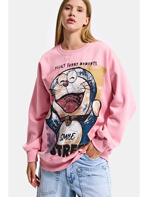 It's Basic Kadın Pembe w5 Oversize Baskılı %100 Pamuk Organik Kumaş Sweatshirt