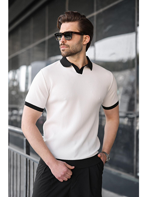 Madmext Beyaz Polo Yaka Triko Erkek Tişört E7464