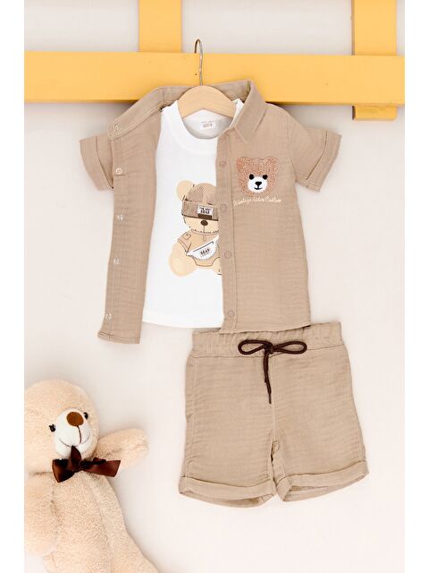 Fullamoda %100 Pamuk Ayıcık Nakışlı Şortlu 3 Lü Erkek Çocuk Takım - S000393396-26429