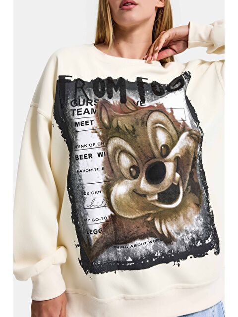 It's Basic Kadın Ekru w5 Oversize Baskılı %100 Pamuk Organik Kumaş Sweatshirt