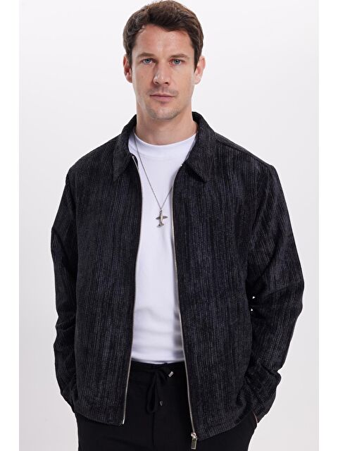 TUDORS Erkek Relax Fit Rahat Kesim Fitilli Fermuarlı Astarlı Cepli Kolej Siyah Ceket Mont Gömlek - S000518898-19351