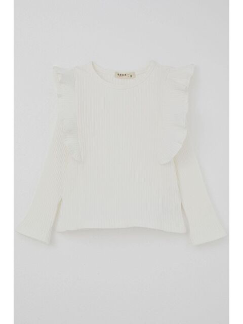 Breeze Kız Çocuk Uzun Kollu Tişört Omuzu Fırfır Detaylı Ekru (3-7 Yaş) - S000490224-19965