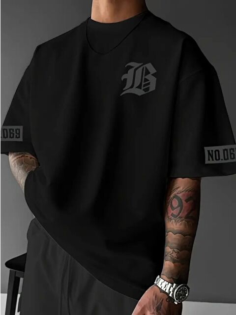 Jane's Baskılı Oversize Bisiklet Yaka T-shirt - Siyah - S000528601-19351