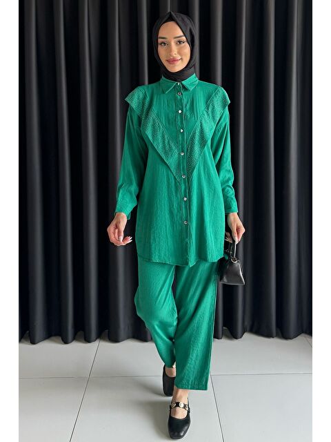 Julude Önü Katlamalı Taşlı Tesettür Tunik Pantolon İkili Takım - S000399784-18194