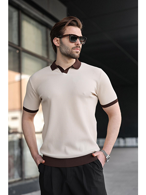 Madmext Taş Rengi Polo Yaka Triko Erkek Tişört E7464