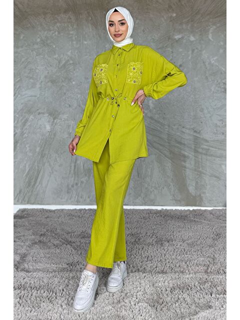 Julude Cep Nakışlı Bel Bağcıklı Tesettür Tunik Pantolon İkili Takım - S000399780-18194