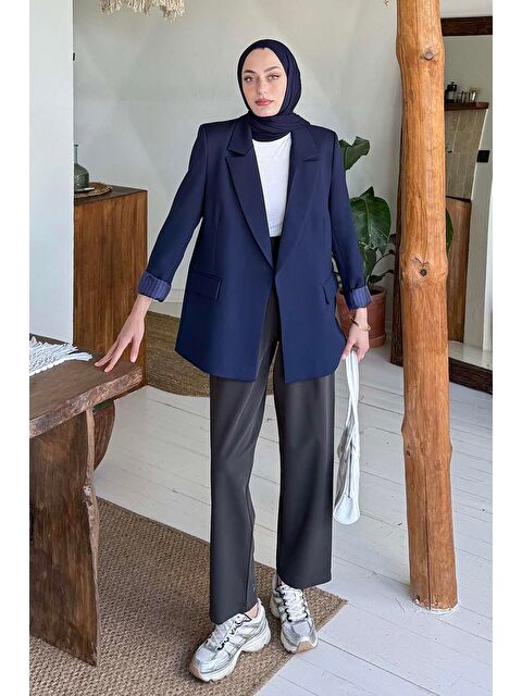 Lamelif Çizgili Astarlı Tesettür Ceket Lacivert - S000517965-21164