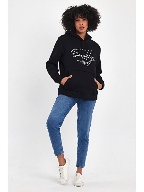 Süperlife Kadın Kapüşonlu Rahat Kalıp İçi Polarlı 3 iplik El Yazılı Brooklyn Baskılı SweatShırt spr24swk16 - S000113550-19351