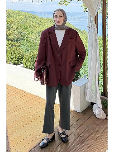 Lamelif Dekoratif Cep Detaylı Tesettür Ceket Bordo - S000517958-19951