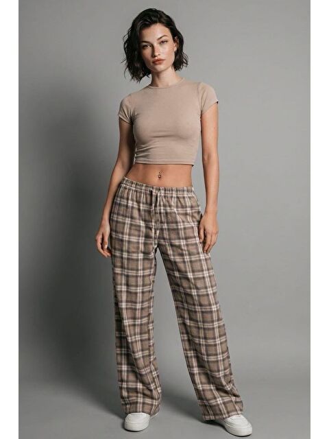 Madmext Bej Lastikli Bel Geniş Paça Ekose Pantolon Mg2658 - S000508345-19928