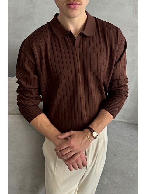 HYMAN Erkek Polo Yaka Fitilli Oversize Triko Kazak - S000515526-19413