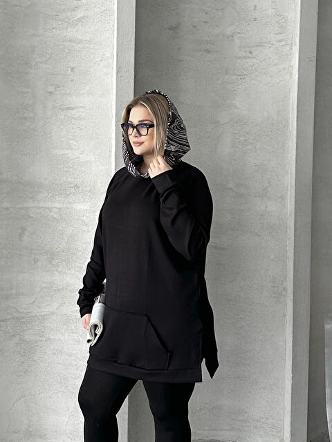 Stil Diva Büyük Beden Uzun Kollu Kapüşonlu Kanguru Cepli Yanları Yırtmaçlı Sweatshirt 300372 - S000362106-19351