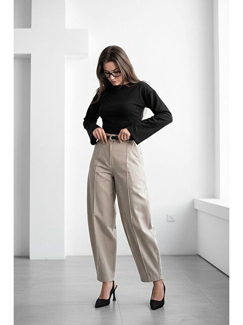 Madmext Haki Modern Kesim Kemerli Yüksek Bel Bol Paça Kumaş Pantolon Mg2618 - S000508349-18547