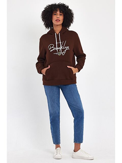 Süperlife Kadın Kapüşonlu Rahat Kalıp İçi Polarlı 3 iplik El Yazılı Brooklyn Baskılı SweatShırt spr24swk16 - S000113550-19413