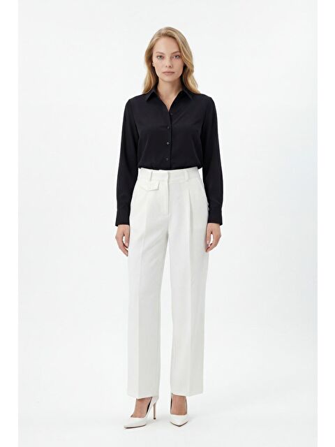 Madmext Beyaz Pens Detaylı Kapaklı Düz Paça Kumaş Pantolon Mg2642 - S000508346-20063