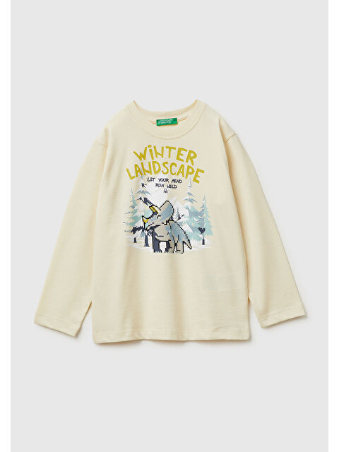 United Colors Of Benetton Erkek Çocuk Krem Baskılı Bisiklet Yaka Jarse Uzun Kollu T-shirt - S000482023-19966