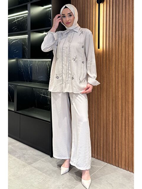 Julude Kadın Boncuk İşlemeli Tesettür Gömlek Pantolon İkili Takım - S000399792-25636