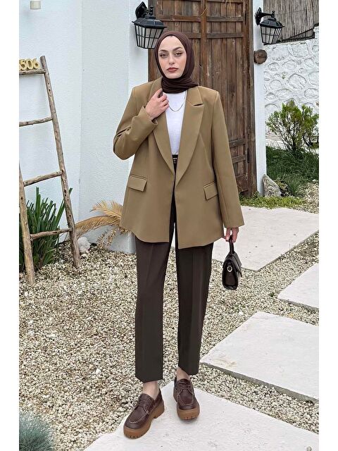 Lamelif Çizgili Astarlı Tesettür Ceket Haki - S000517965-18547