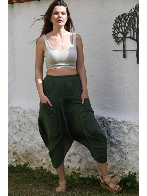 Chiccy Koyu Yeşil Cepli İnce Astarlı Çift Katlı Lastikli Bel Casual Dokuma Etek 90 60 - S000367664-19416