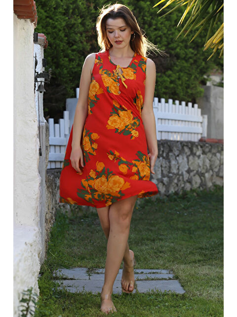 Chiccy Turuncu Havuz Yaka Kolsuz Bağlamalı Püsküllü Allover Baskılı Casual Viskon Dokuma Elbise 100 60 - S000367712-20013