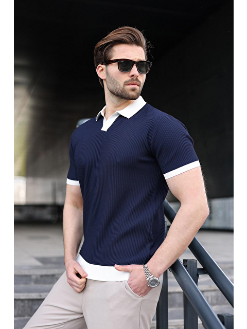 Madmext Lacivert Polo Yaka Triko Erkek Tişört E7464