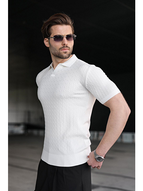 Madmext Beyaz Slim Fit Polo Yaka Triko Erkek Tişört E7472