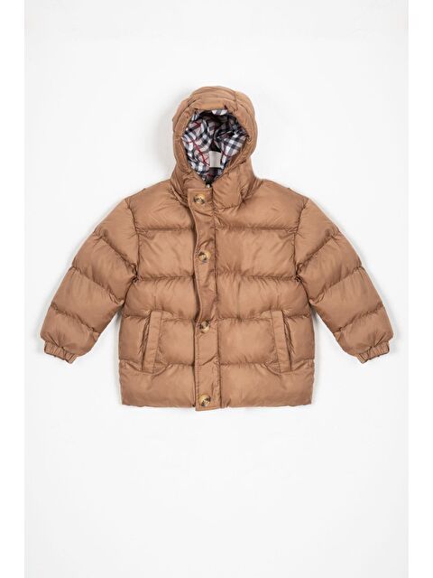 Zepkids Kapüşonlu Uzun Kol Düğmeli Fermuarlı Kahve Vizon Renk Erkek Çocuk Mont - S000356371-5199