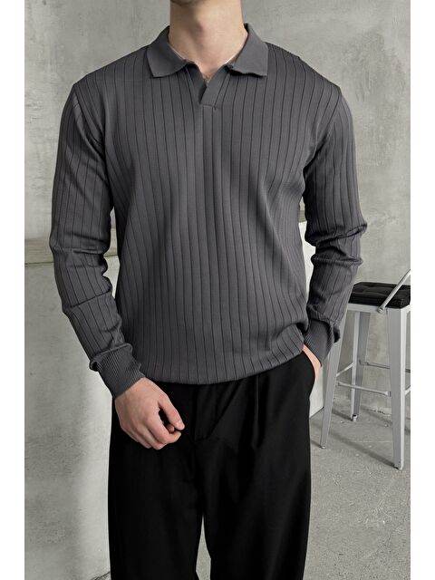 HYMAN Erkek Polo Yaka Fitilli Oversize Triko Kazak - S000515526-29666