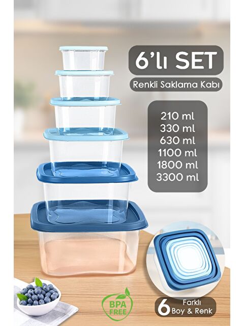 Meleni Home 6'lı Kare Erzak Gıda Saklama Kabı Seti Mikrodalga ve Derin Dondurucuya Uygun Saklama Kabı Mavi - S000382772-17234