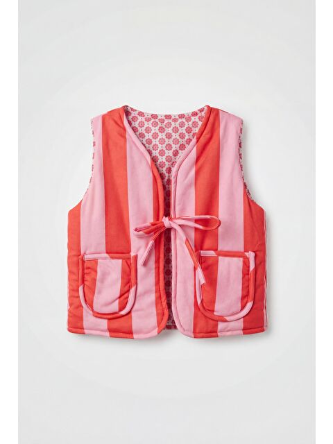 Magu Kız Çocuk Pamuklu Pembe Çizgili Yelek - Bağlamalı Cepli Tasarım - S000516650-23173