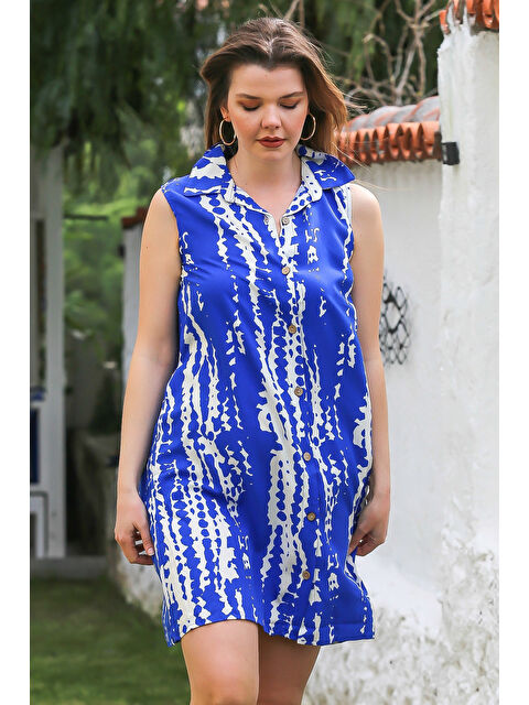 Chiccy Mavi Gömlek Yaka Kolsuz Düğmeli Cepli Allover Baskılı Casual Viskon Dokuma Elbise 100 58 - S000367713-17234