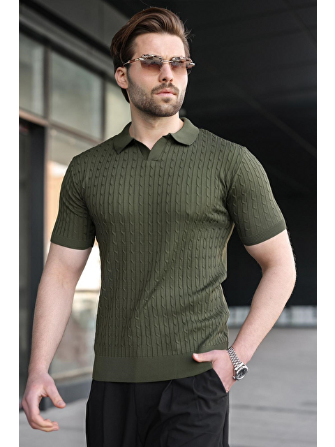 Madmext Haki Slim Fit Polo Yaka Triko Erkek Tişört E7472