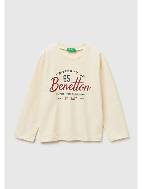 United Colors Of Benetton Erkek Çocuk Krem Önü Logo Baskılı Jarse Uzun Kollu T-shirt - S000482024-19966